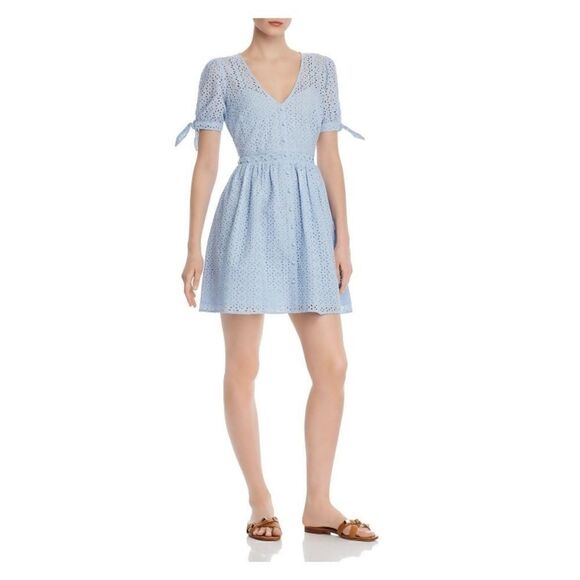 AQUA Womens Light Blue Floral Pouf V Neck Short Fit + Flare Dress Size: Xs - Picture 1 of 5